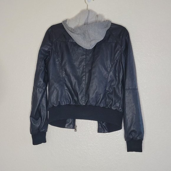 Miss Posh Faux Leather & Terry Black Gray Full Zip Hooded Jacket Size Medium - Picture 7 of 10